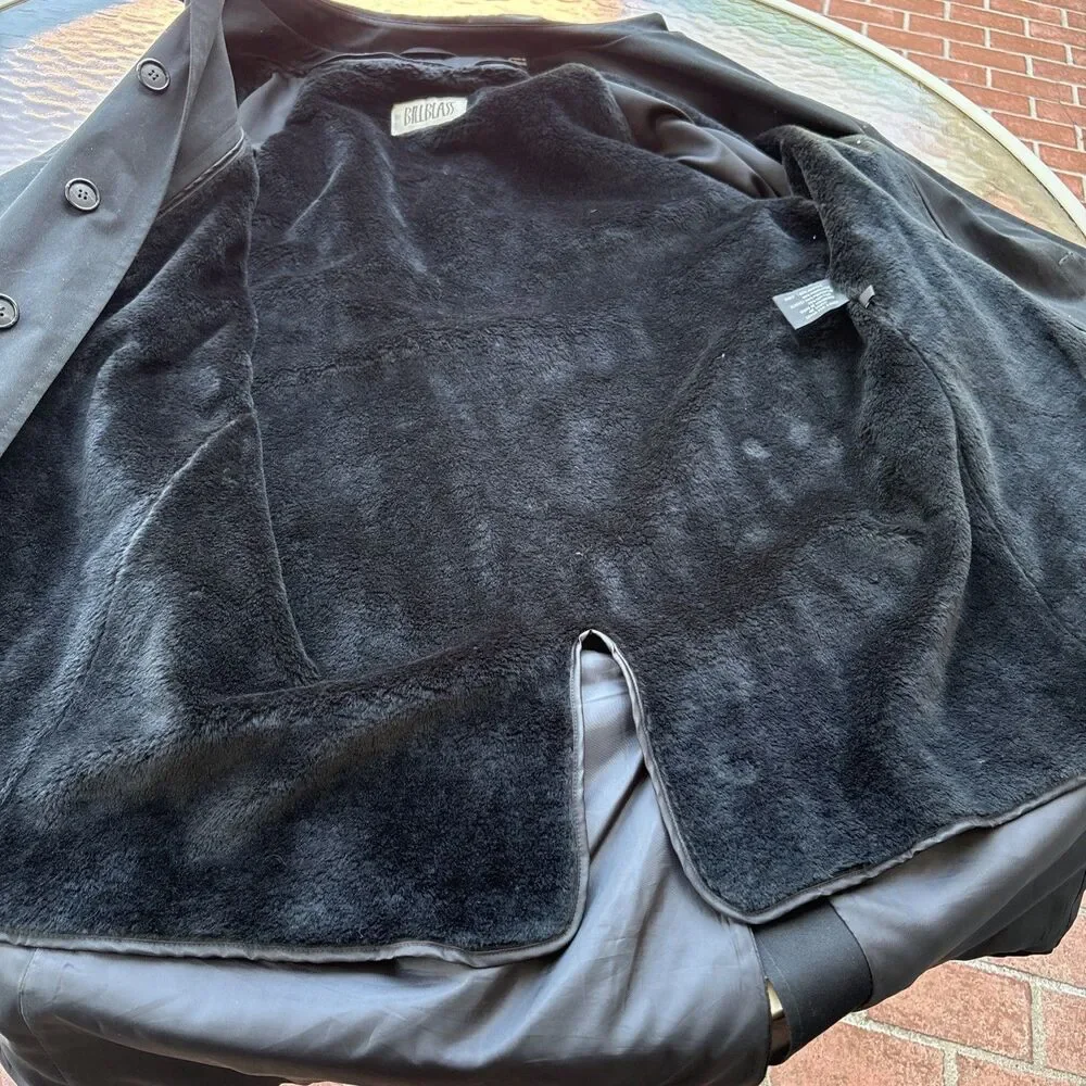 Bill Blass Menswear Black Trench Coat Button Front Zip Out Faux Fur Lining Large